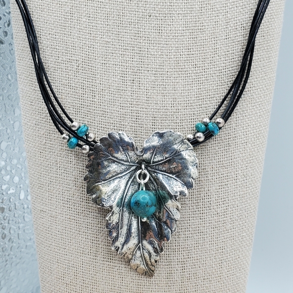 Prodesso Leather Sterling Leaf Statement Necklace with Turquoise Beads
